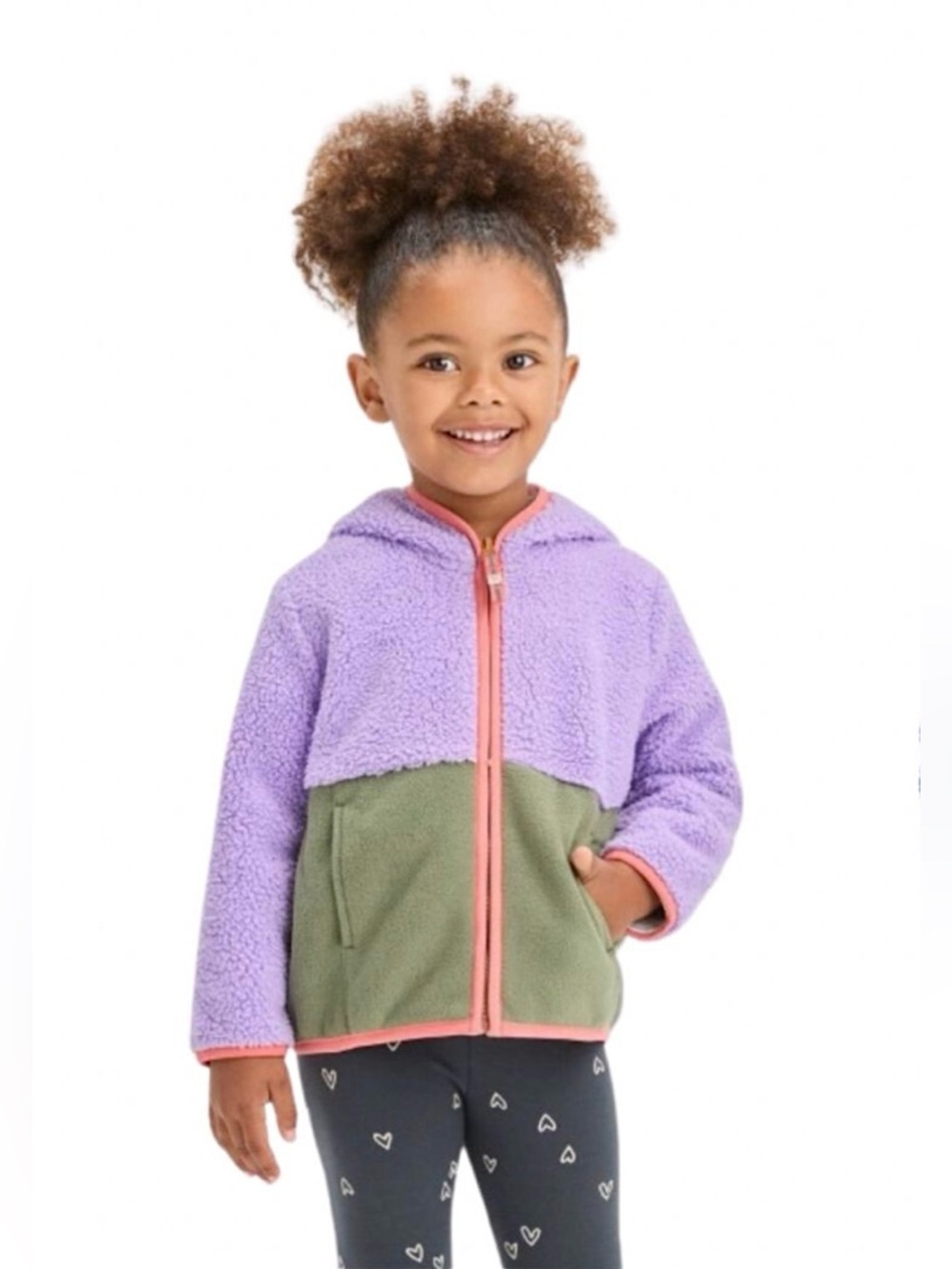 Cat & Jack Lavender and Olive Colorblock Hooded Fleece with Pink Trim - Size: 4T